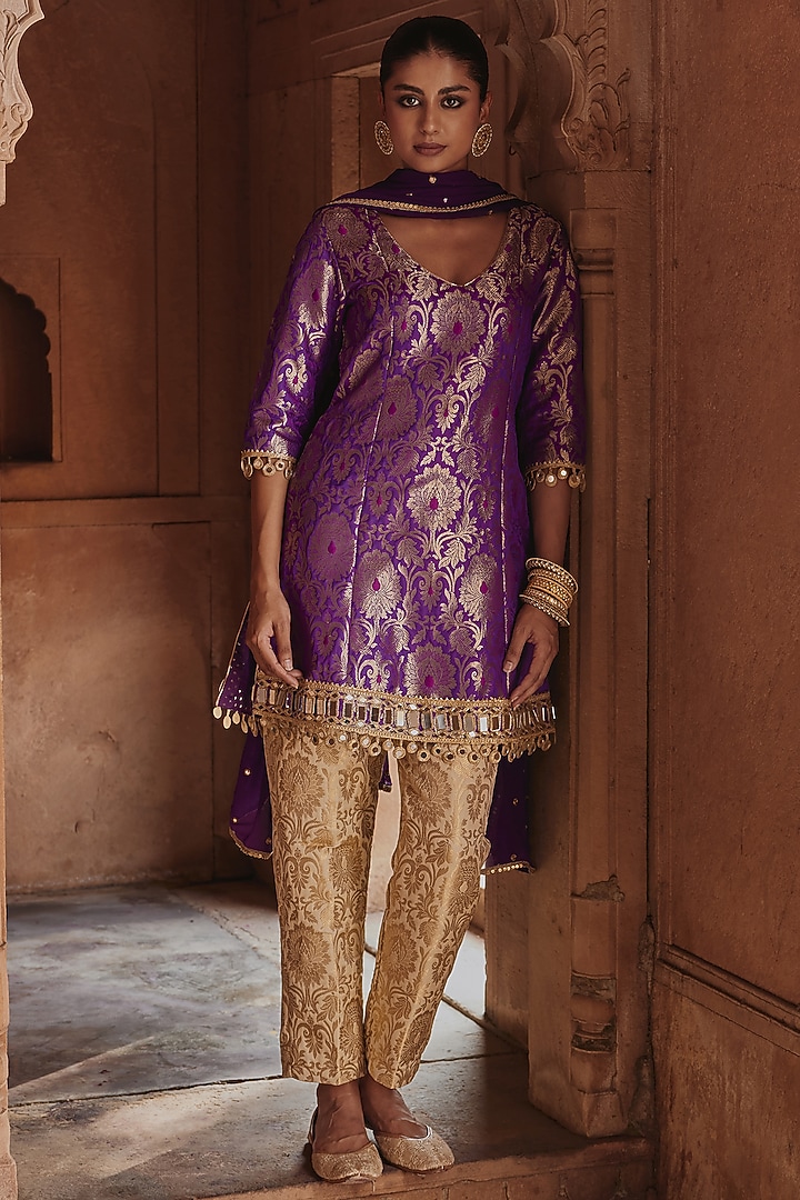 Purple Banarasi Brocade Embroidered Kurta Set by Mustard Moon by Neyha and Vrinda at Pernia's Pop Up Shop