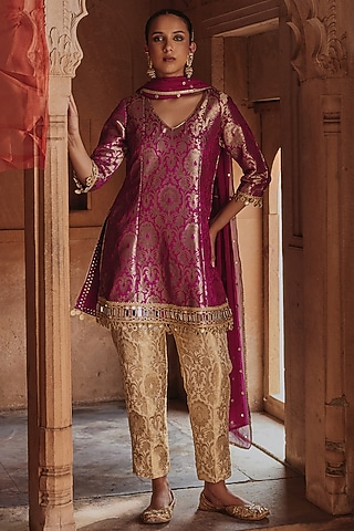 Plum Banarasi Brocade Embroidered Kurta Set by Mustard Moon by Neyha and Vrinda