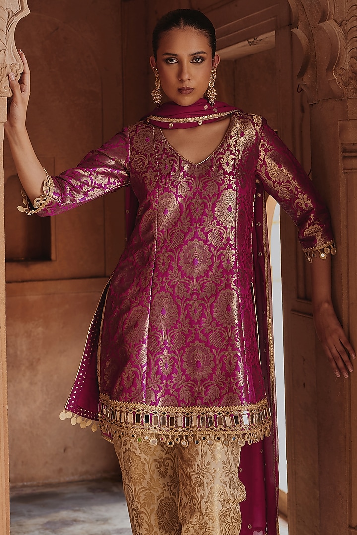 Plum Banarasi Brocade Embroidered Kurta Set by Mustard Moon by Neyha and Vrinda at Pernia's Pop Up Shop
