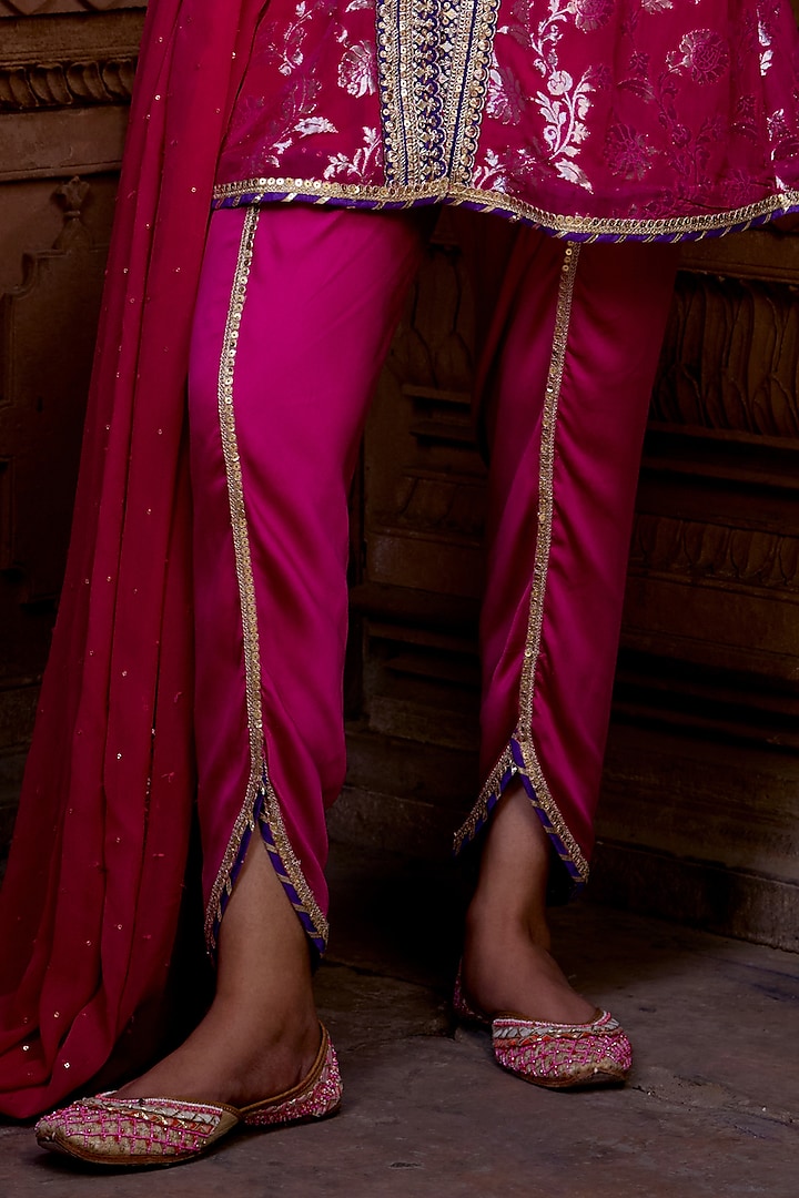 Hot Pink & Purple Banarasi Georgette Embroidered Kurta Set by Mustard Moon by Neyha and Vrinda at Pernia's Pop Up Shop