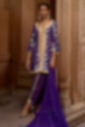 Purple & Yellow Banarasi Georgette Embroidered Kurta Set by Mustard Moon by Neyha and Vrinda at Pernia's Pop Up Shop