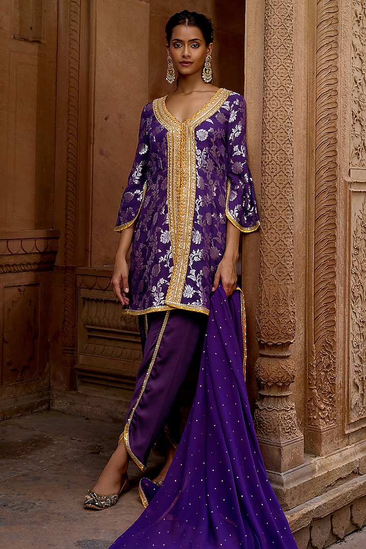 Purple & Yellow Banarasi Georgette Embroidered Kurta Set by Mustard Moon by Neyha and Vrinda at Pernia's Pop Up Shop