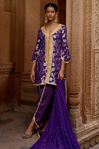 Purple & Yellow Banarasi Georgette Embroidered Kurta Set by Mustard Moon by Neyha and Vrinda