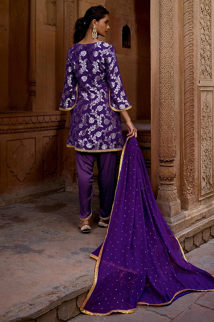 Purple & Yellow Banarasi Georgette Embroidered Kurta Set by Mustard Moon by Neyha and Vrinda at Pernia's Pop Up Shop