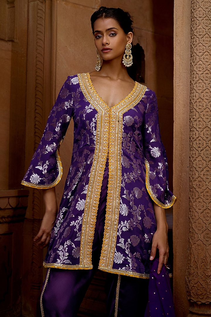 Purple & Yellow Banarasi Georgette Embroidered Kurta Set by Mustard Moon by Neyha and Vrinda at Pernia's Pop Up Shop