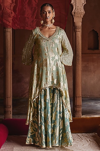 Mint & Teal Georgette Embroidered Sharara Set by Mustard Moon by Neyha and Vrinda