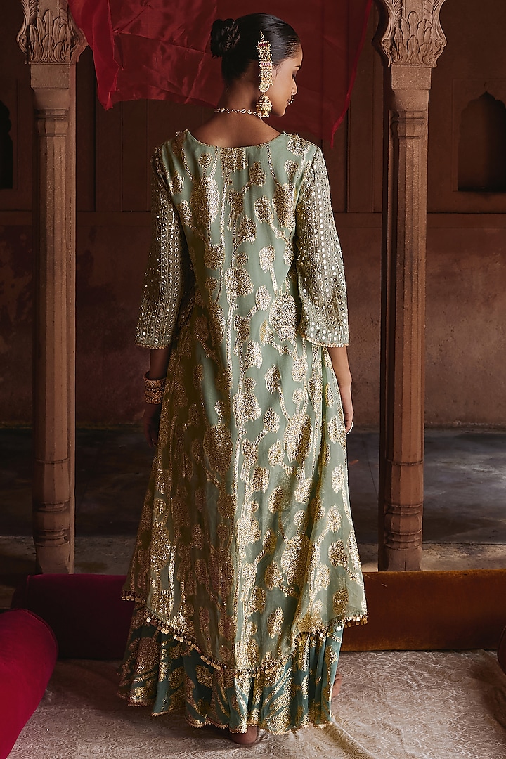 Mint & Teal Georgette Embroidered Wedding Sharara Set by Mustard Moon by Neyha and Vrinda at Pernia's Pop Up Shop