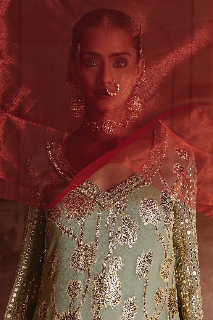 Mint & Teal Georgette Embroidered Wedding Sharara Set by Mustard Moon by Neyha and Vrinda at Pernia's Pop Up Shop