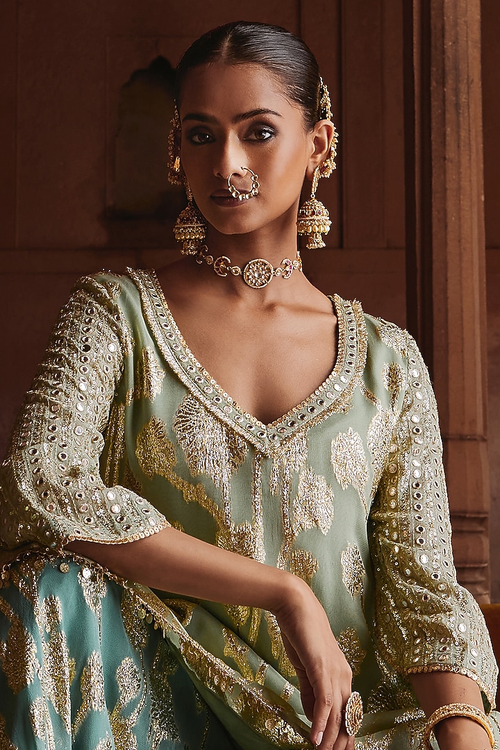 Mint & Teal Georgette Embroidered Wedding Sharara Set by Mustard Moon by Neyha and Vrinda at Pernia's Pop Up Shop