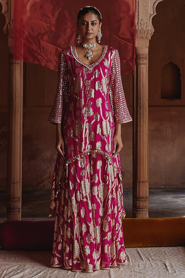 Rani Pink Georgette Embroidered Sharara Set by Mustard Moon by Neyha and Vrinda at Pernia's Pop Up Shop