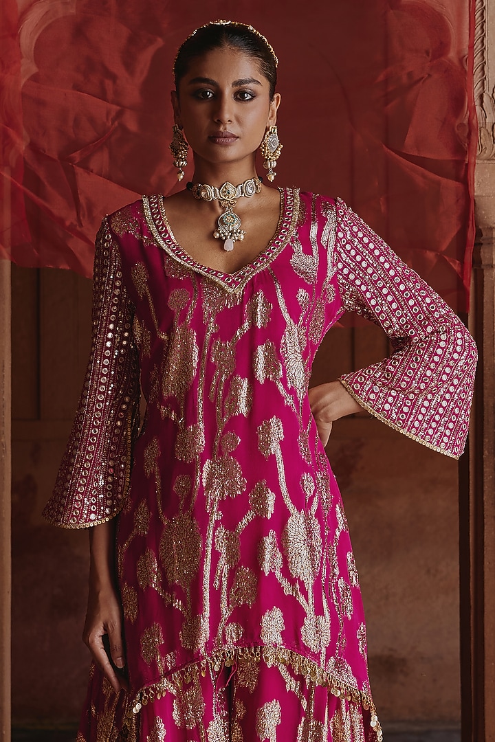 Rani Pink Georgette Embroidered Wedding Sharara Set by Mustard Moon by Neyha and Vrinda at Pernia's Pop Up Shop