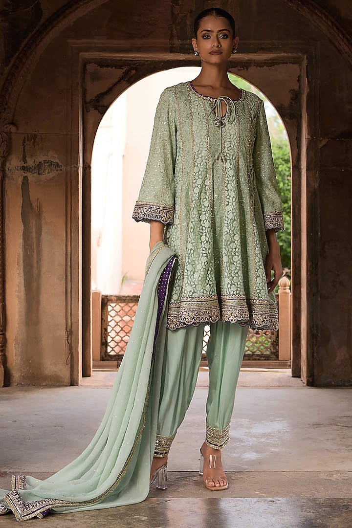 Mint & Purple Georgette Embroidered Kurta Set by Mustard Moon by Neyha and Vrinda at Pernia's Pop Up Shop