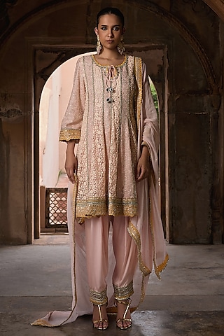Peach & Yellow Georgette Embroidered Kurta Set by Mustard Moon by Neyha and Vrinda