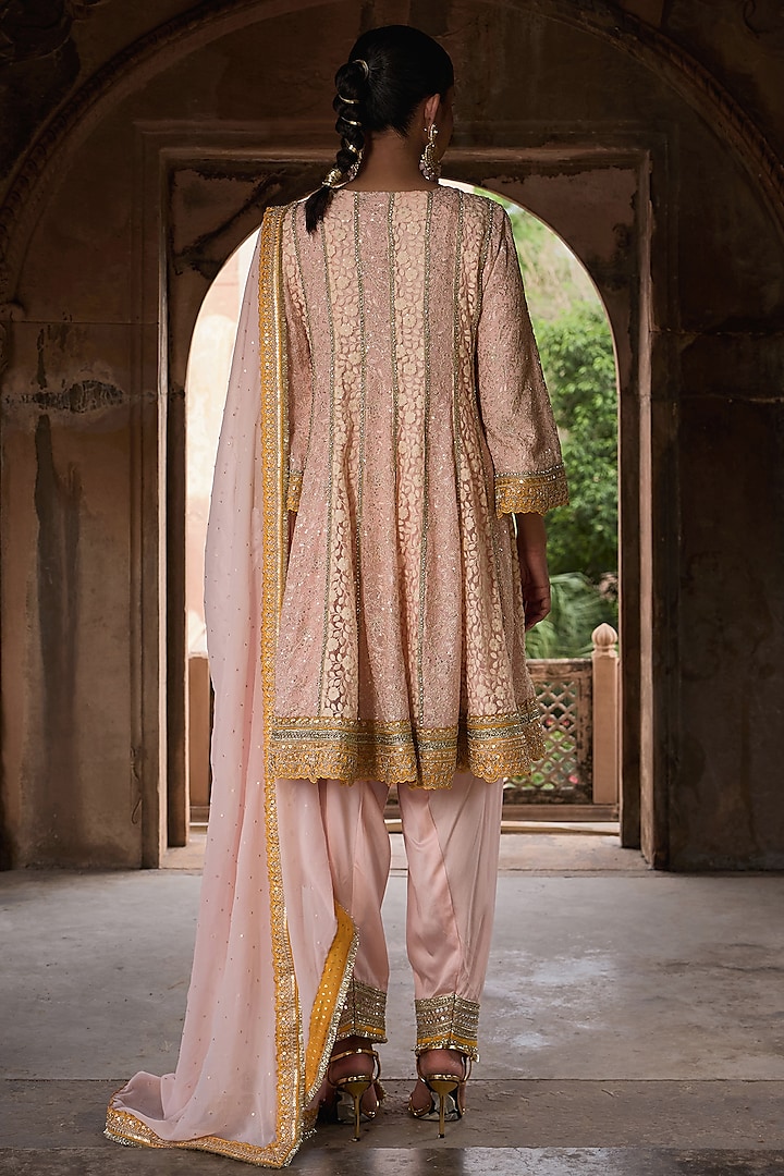 Peach & Yellow Georgette Embroidered Kurta Set by Mustard Moon by Neyha and Vrinda at Pernia's Pop Up Shop
