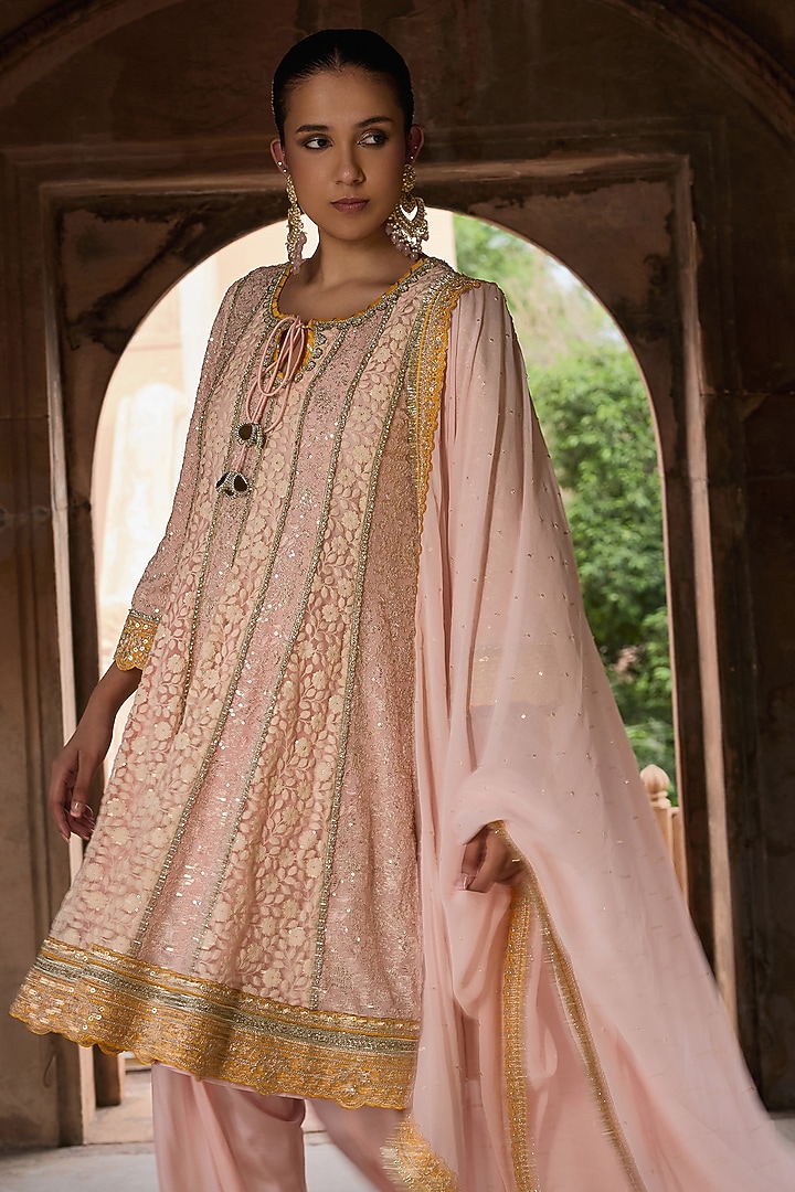 Peach & Yellow Georgette Embroidered Kurta Set by Mustard Moon by Neyha and Vrinda at Pernia's Pop Up Shop