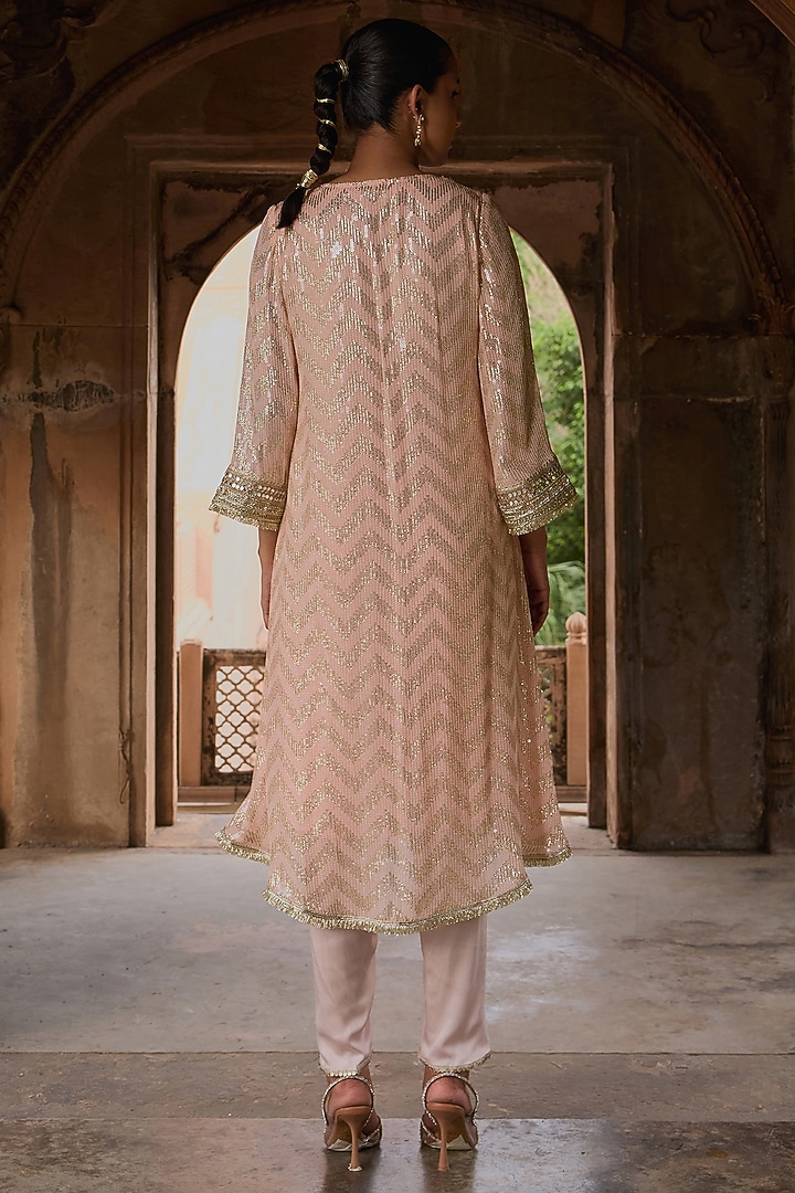 Peach Georgette Sequins Embroidered Kurta Set by Mustard Moon by Neyha and Vrinda at Pernia's Pop Up Shop