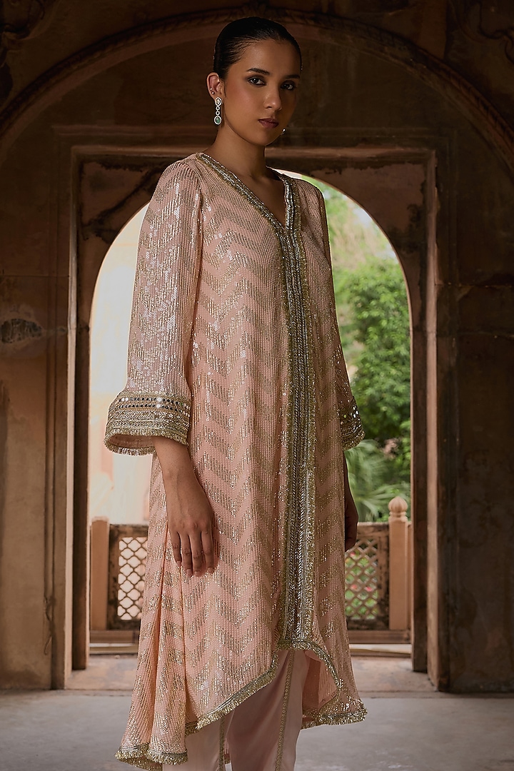 Peach Georgette Sequins Embroidered Kurta Set by Mustard Moon by Neyha and Vrinda at Pernia's Pop Up Shop