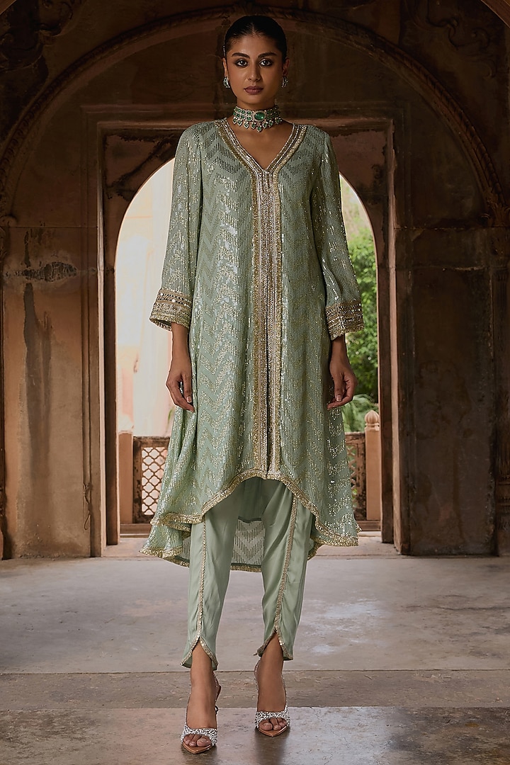 Mint Georgette Sequins Embroidered Kurta Set by Mustard Moon by Neyha and Vrinda at Pernia's Pop Up Shop