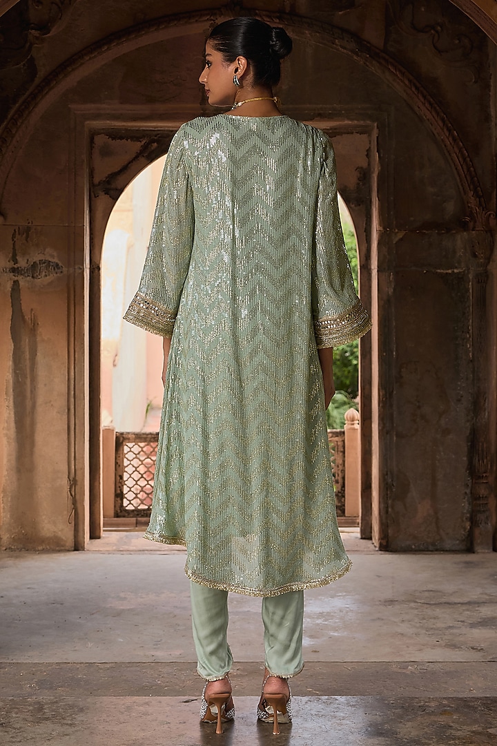 Mint Georgette Sequins Embroidered Kurta Set by Mustard Moon by Neyha and Vrinda at Pernia's Pop Up Shop