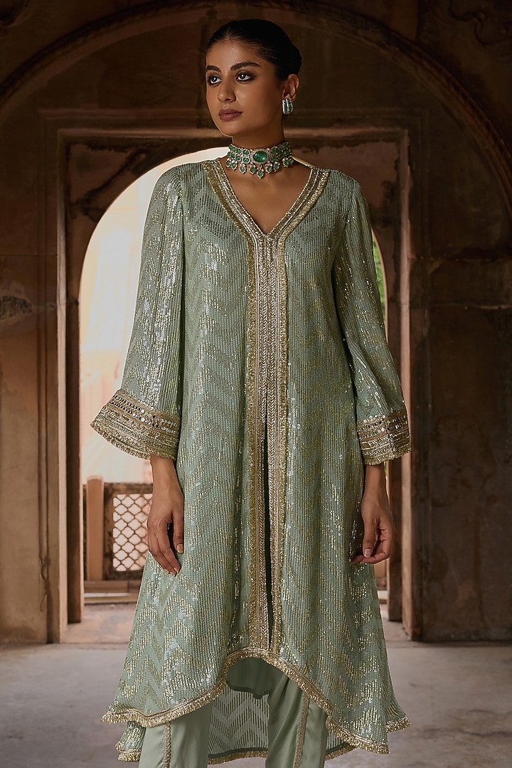 Mint Georgette Sequins Embroidered Kurta Set by Mustard Moon by Neyha and Vrinda at Pernia's Pop Up Shop