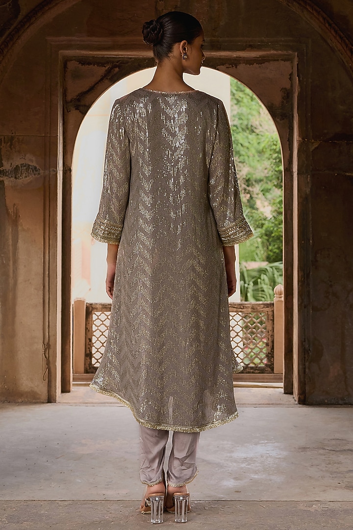 Slate Grey Georgette Sequins Embroidered Kurta Set by Mustard Moon by Neyha and Vrinda at Pernia's Pop Up Shop