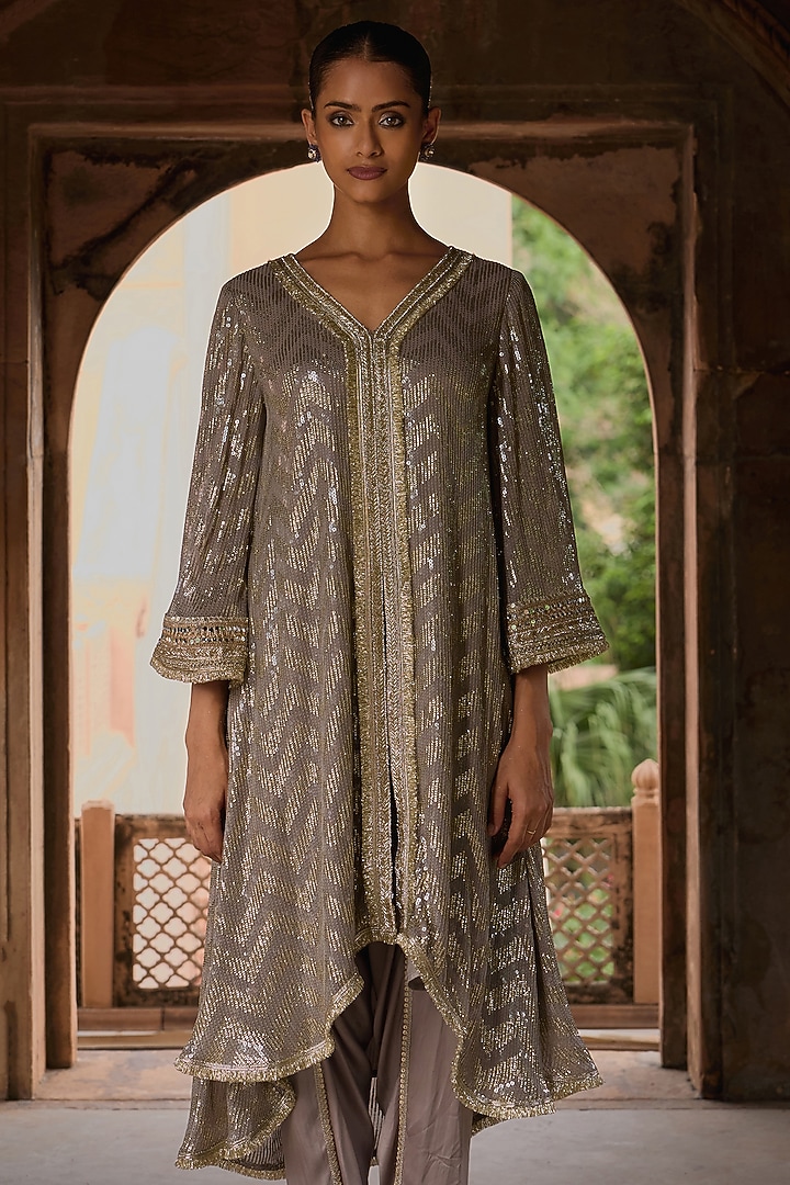 Slate Grey Georgette Sequins Embroidered Kurta Set by Mustard Moon by Neyha and Vrinda at Pernia's Pop Up Shop
