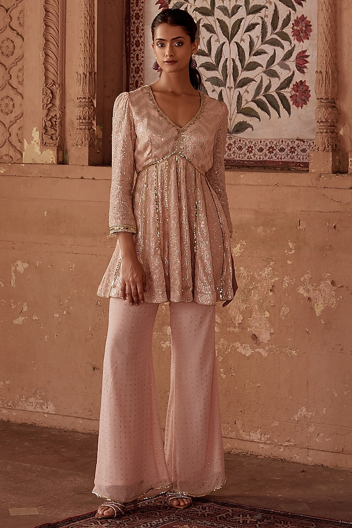 Peach Georgette Embroidered Tunic Set by Mustard Moon by Neyha and Vrinda at Pernia's Pop Up Shop