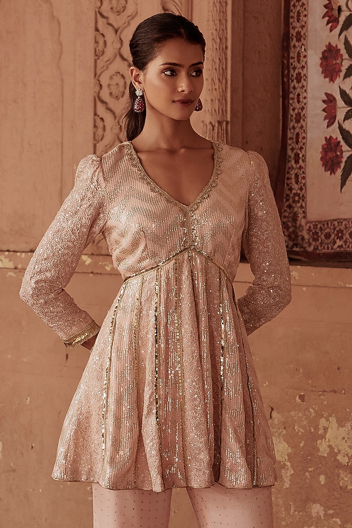 Peach Georgette Embroidered Tunic Set by Mustard Moon by Neyha and Vrinda at Pernia's Pop Up Shop