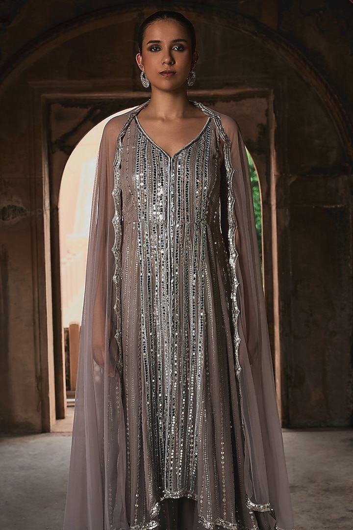 Slate Grey Georgette Embroidered Kurta Set by Mustard Moon by Neyha and Vrinda at Pernia's Pop Up Shop