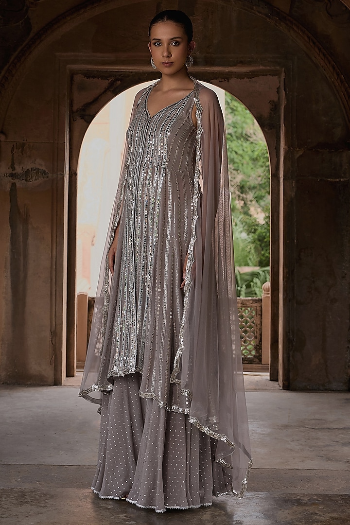 Slate Grey Georgette Embroidered Kurta Set by Mustard Moon by Neyha and Vrinda at Pernia's Pop Up Shop