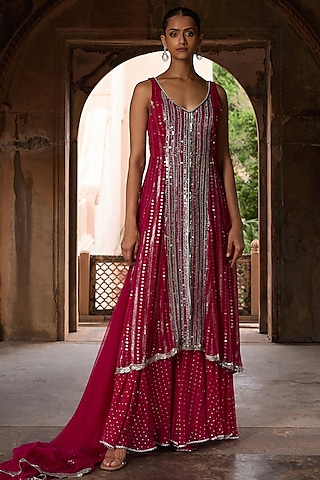 Rani Pink Georgette Embroidered Kurta Set by Mustard Moon by Neyha and Vrinda