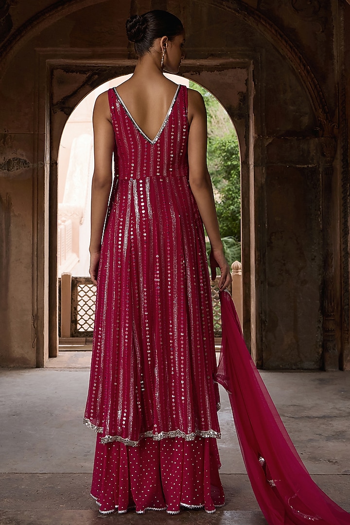 Rani Pink Georgette Embroidered Kurta Set by Mustard Moon by Neyha and Vrinda at Pernia's Pop Up Shop