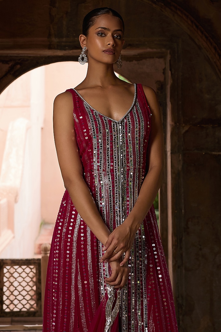 Rani Pink Georgette Embroidered Kurta Set by Mustard Moon by Neyha and Vrinda at Pernia's Pop Up Shop