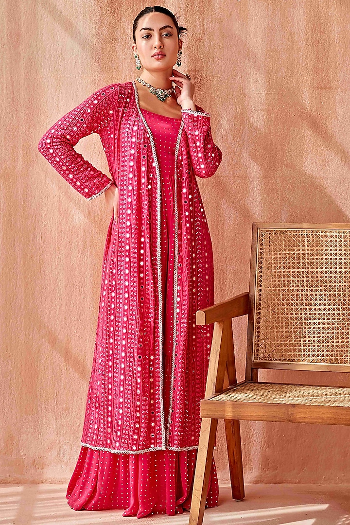 Hot Pink Georgette Embroidered Jacket Set by Mustard Moon by Neyha and Vrinda