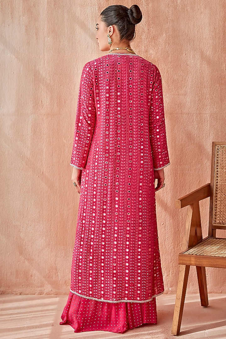 Hot Pink Georgette Embroidered Jacket Set by Mustard Moon by Neyha and Vrinda at Pernia's Pop Up Shop