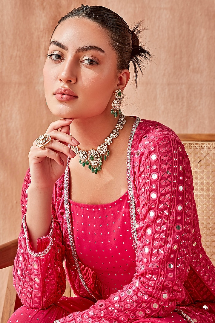 Hot Pink Georgette Embroidered Jacket Set by Mustard Moon by Neyha and Vrinda at Pernia's Pop Up Shop