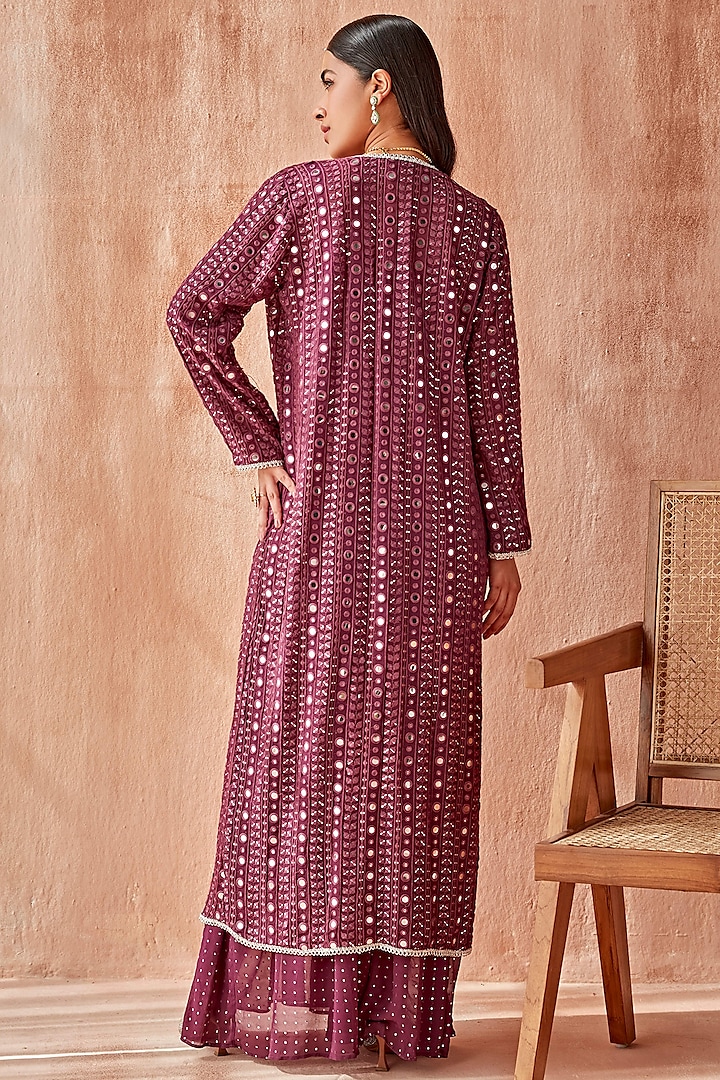 Deep Purple Georgette Embroidered Jacket Set by Mustard Moon by Neyha and Vrinda at Pernia's Pop Up Shop