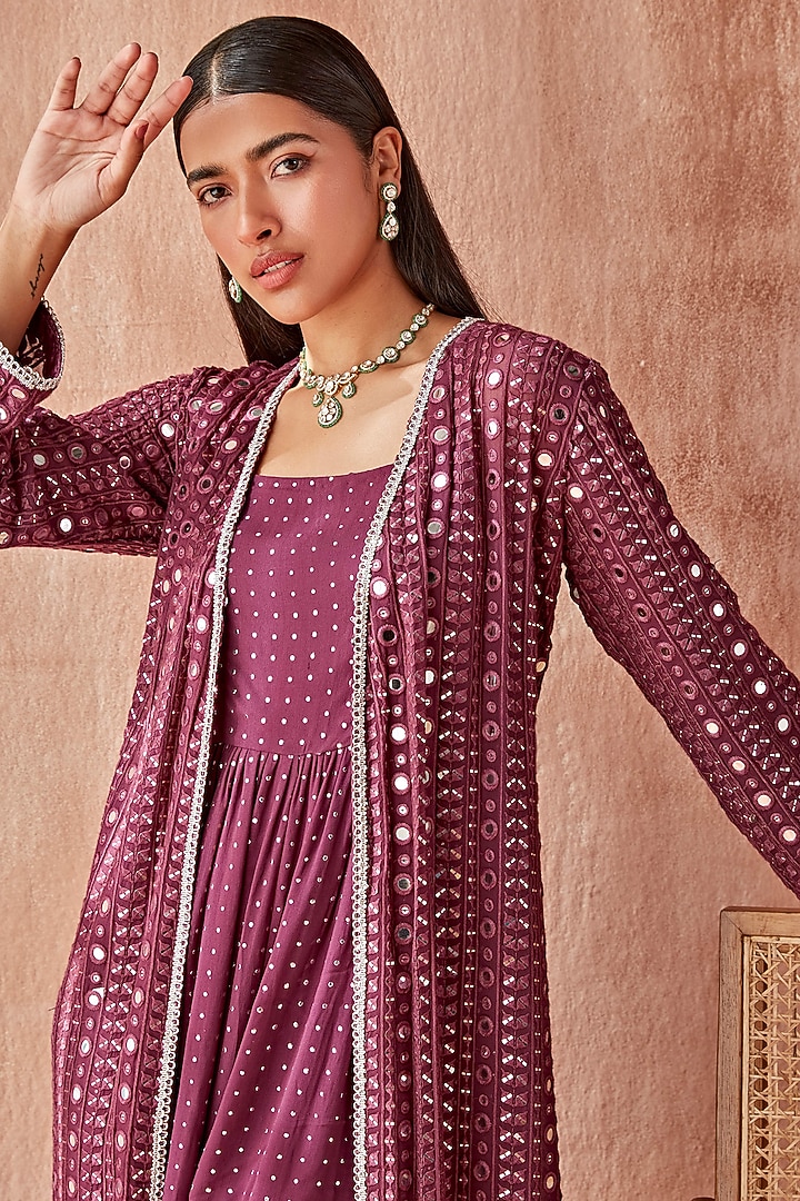 Deep Purple Georgette Embroidered Jacket Set by Mustard Moon by Neyha and Vrinda at Pernia's Pop Up Shop
