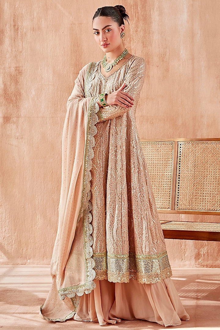 Salmon Pink Georgette Embroidered Anarkali Set  by Mustard Moon by Neyha and Vrinda