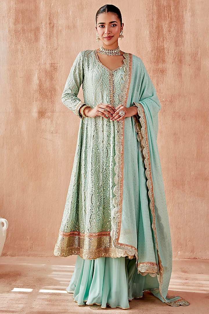 Turquoise Georgette Embroidered Anarkali Set  by Mustard Moon by Neyha and Vrinda