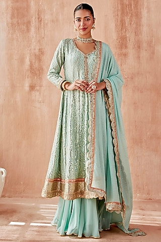 Turquoise Georgette Embroidered Anarkali Set  by Mustard Moon by Neyha and Vrinda