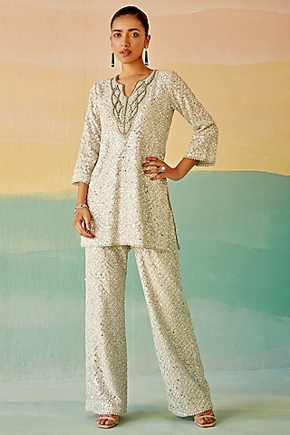Dusky Blue Georgette Embroidered Co-Ord Set by Mustard Moon by Neyha and Vrinda