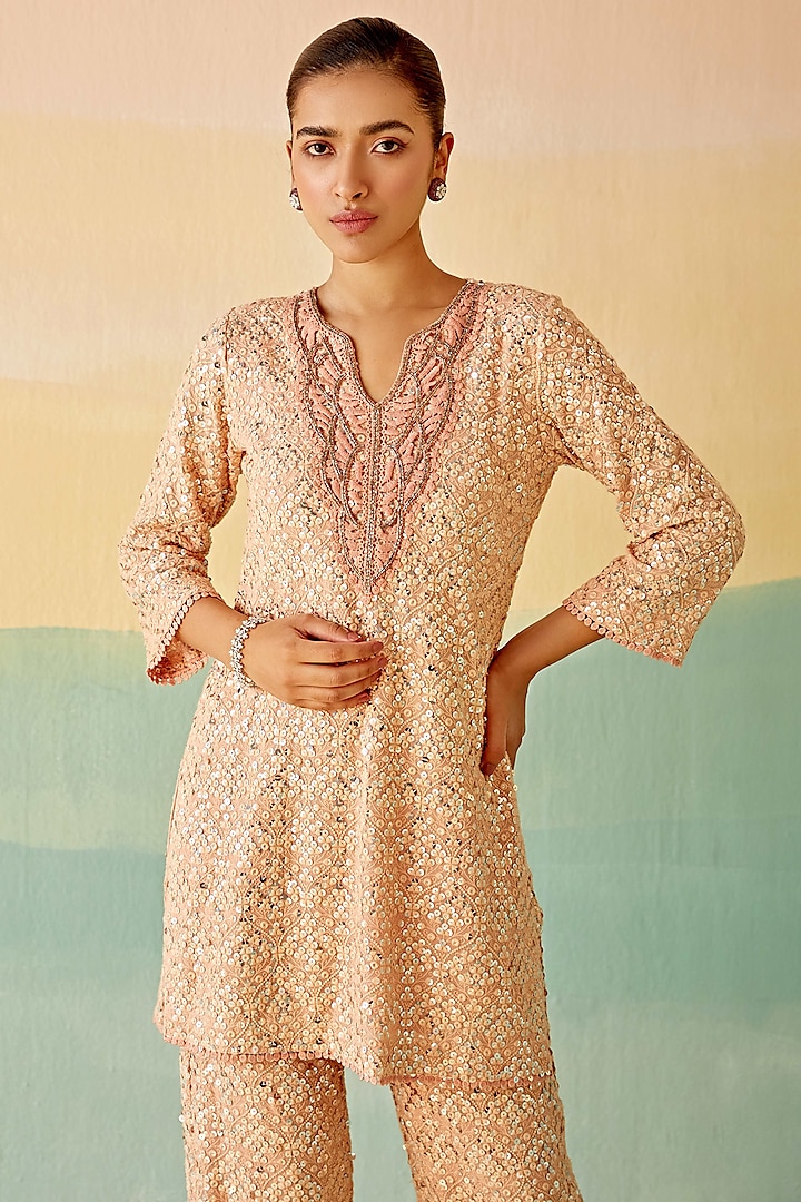 Peach Georgette Embroidered Co-Ord Set by Mustard Moon by Neyha and Vrinda at Pernia's Pop Up Shop