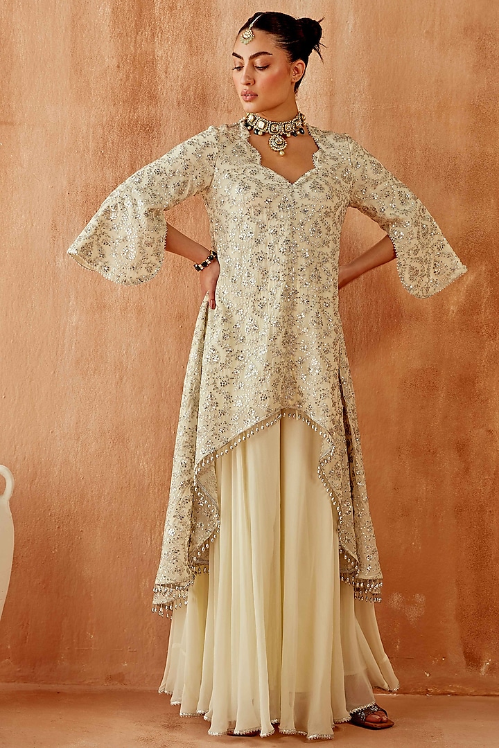 Ivory Georgette Flowy Sharara Set by Mustard Moon by Neyha and Vrinda