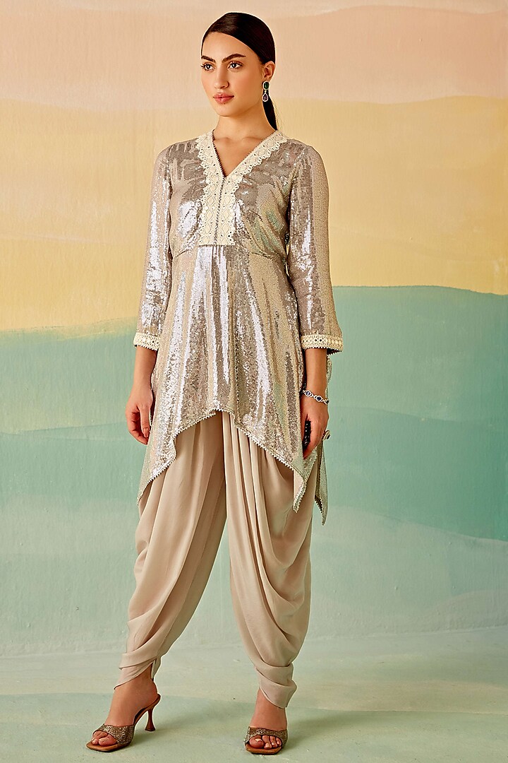 Silver Grey Georgette Tunic Set by Mustard Moon by Neyha and Vrinda