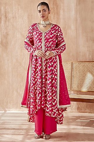 Hot Pink Gold Lurex Kurta Set by Mustard Moon by Neyha and Vrinda