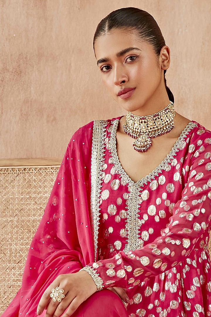 Hot Pink Gold Lurex Kurta Set by Mustard Moon by Neyha and Vrinda at Pernia's Pop Up Shop