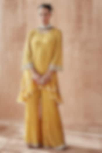Yellow Georgette Crinkle Sharara Set by Mustard Moon by Neyha and Vrinda