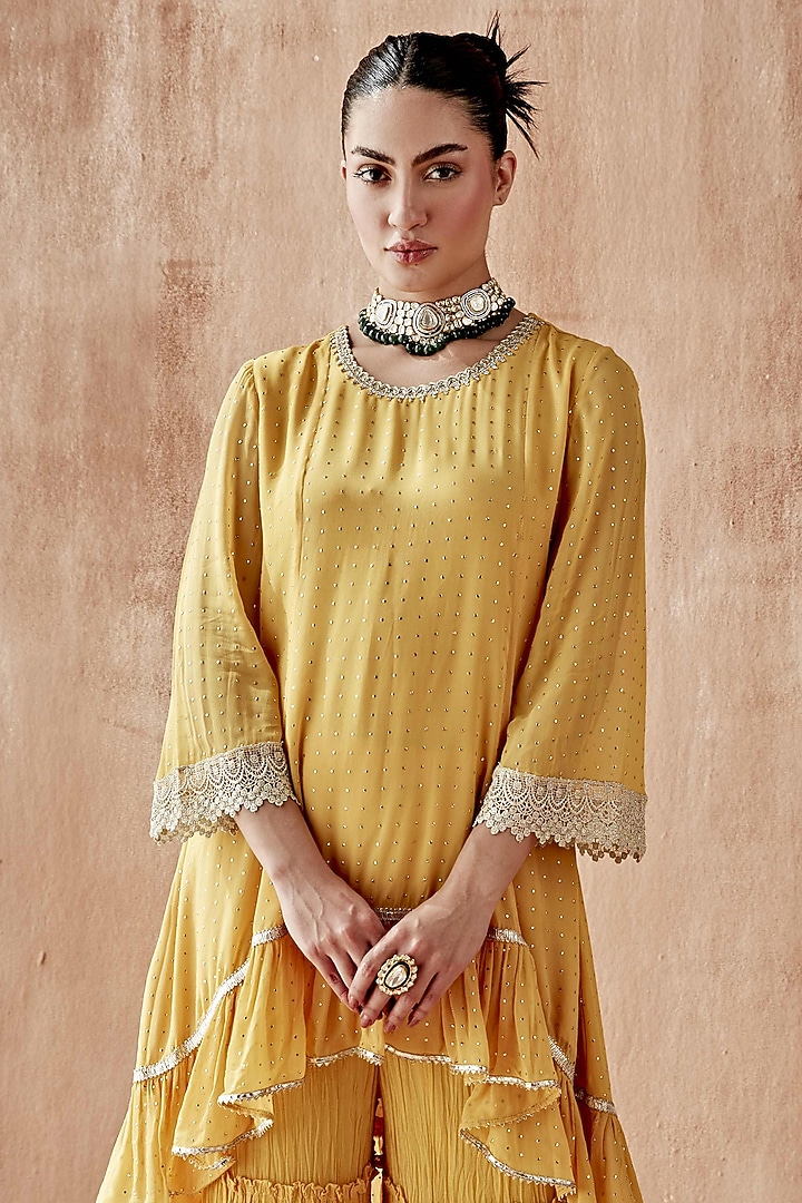 Yellow Georgette Crinkle Party Wear Sharara Set by Mustard Moon by Neyha and Vrinda at Pernia's Pop Up Shop