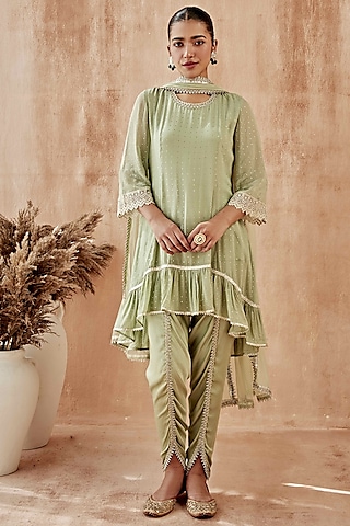 Sage Green Mukaish Hi-Low Kurta Set by Mustard Moon by Neyha and Vrinda